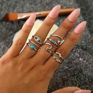 Nature Wave Moon Rainbow Turquiose Silver Ring Set 8 Piece NWOT